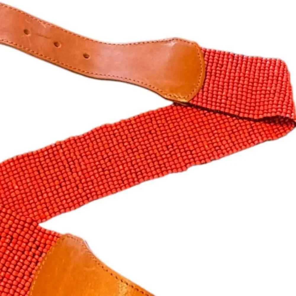 Vtg 1980s Leather and Red Beaded Stretch Belt